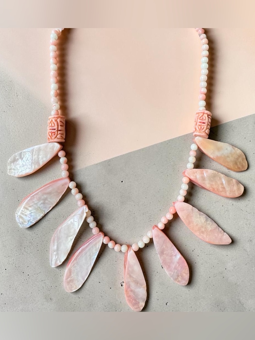 Vintage Pink Mother-of-Pearl and Carved Stone Statement Necklace - Women Jewelry